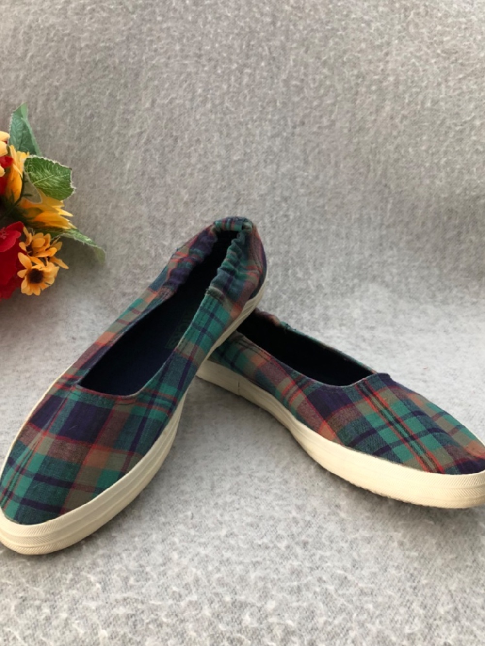 Green, Navy, & Red Plaid Ballet Flat Sneakers